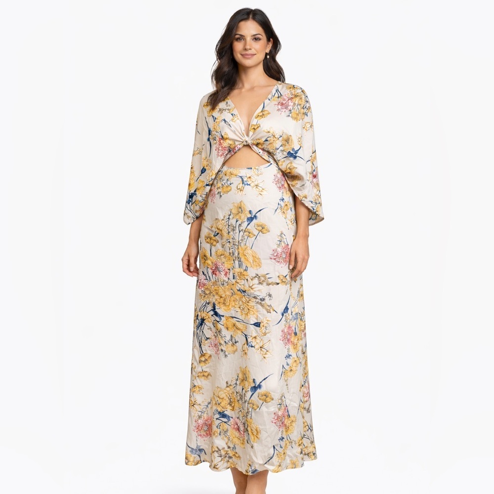 Lena sz M Wildest Dreams NWT floral muted gold open front maxi dress
